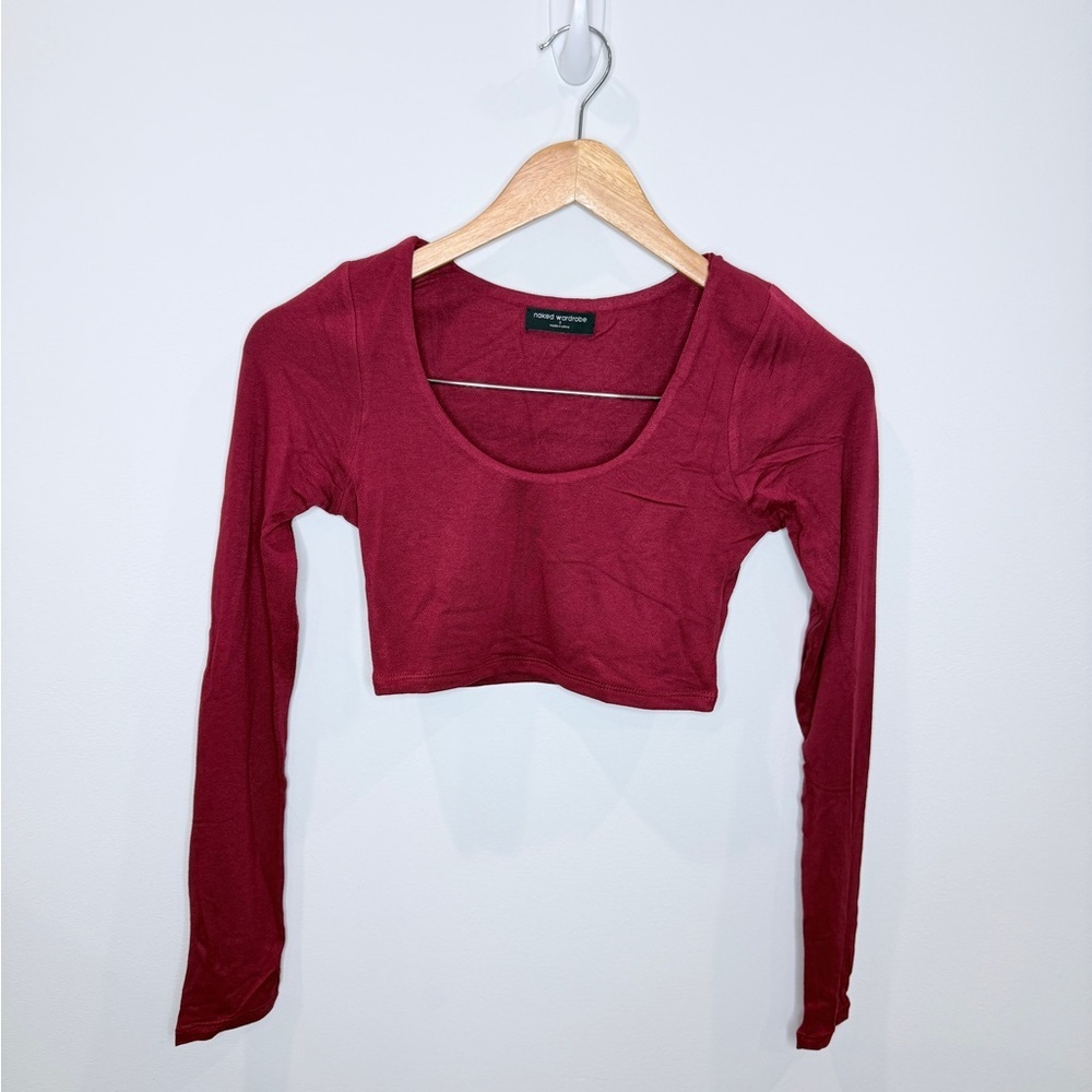 Naked Wardrobe Scoop Neck Red Long Sleeve Crop Top